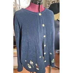 C&B Sport Women's 3XL Navy Blue LS Snowflake Button Jacket‎ Trees Snowmen